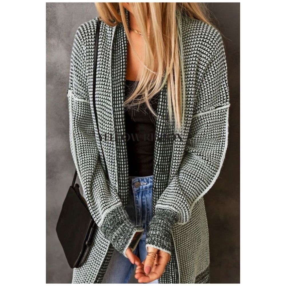 NEW Gray Plaid Knitted Long Open Front Cardigan - Picture 4 of 4